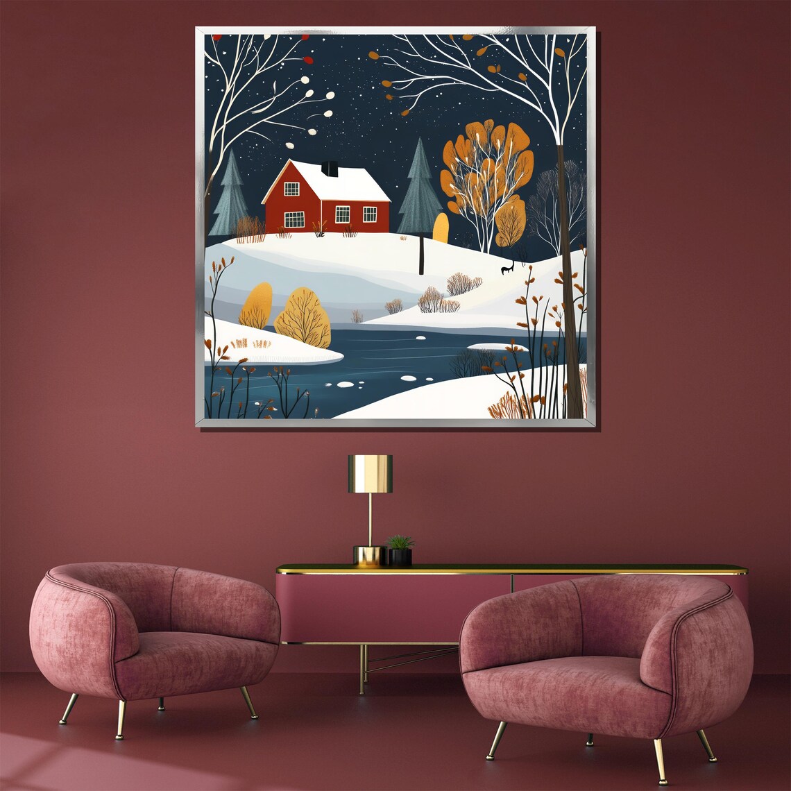Red Barn Snowy Night Starlit Winter Landscape Scene Art Poster - Image 3