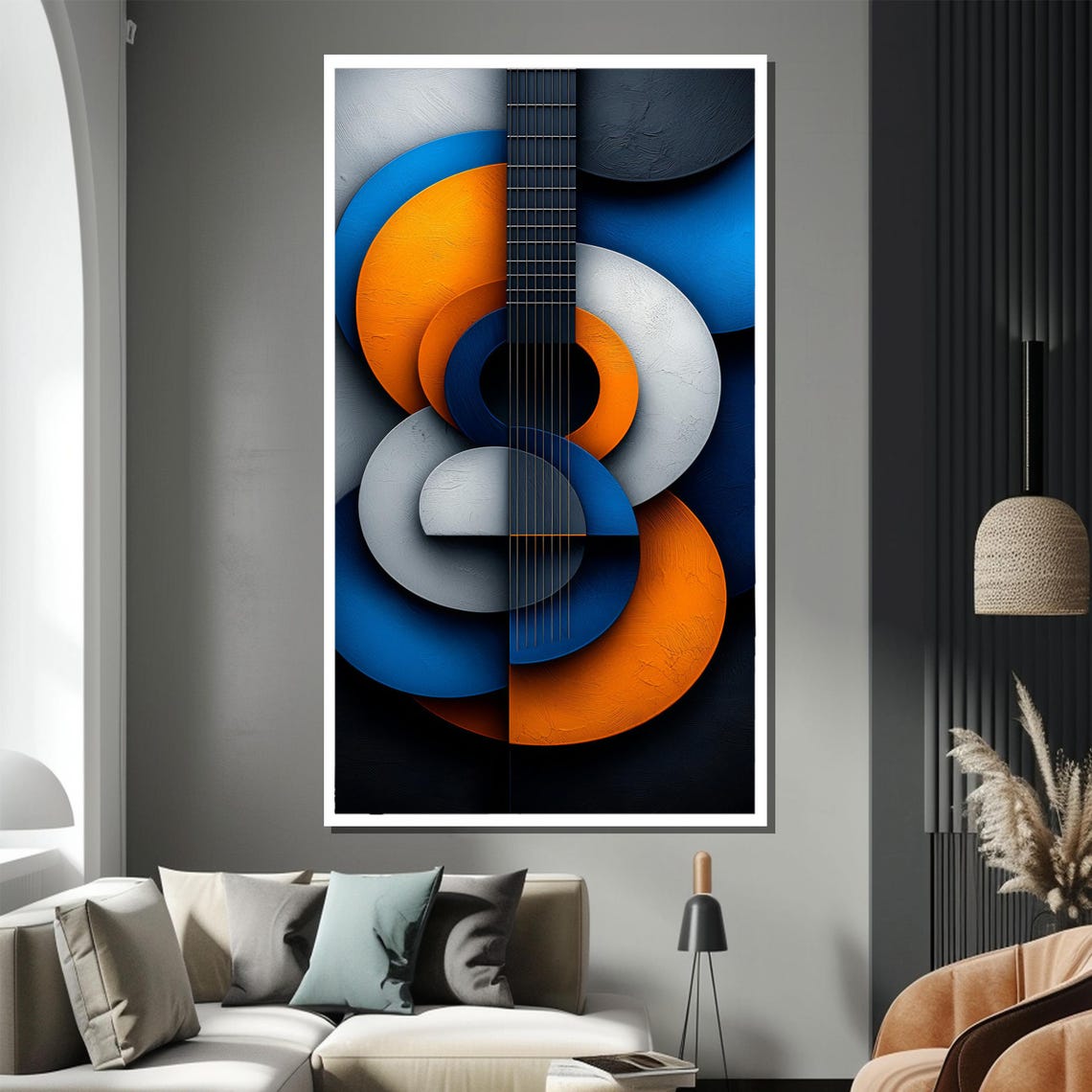 Abstract Acoustic Guitar Circles Blue Orange Modern Wall Poster - Image 2