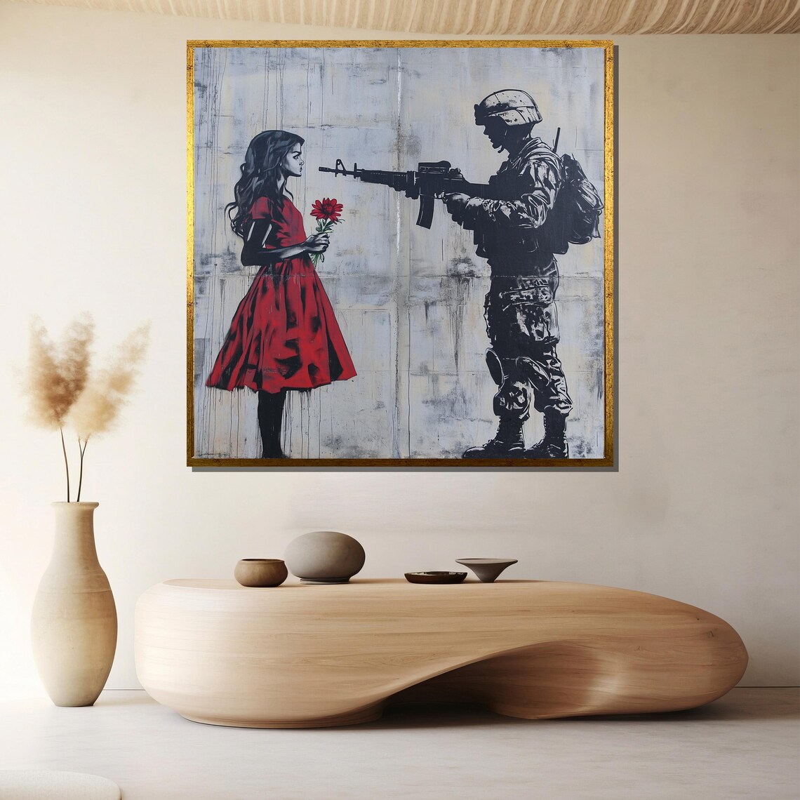 Soldier Aiming At A Girl In Red Dress Holding A Flower Poster
