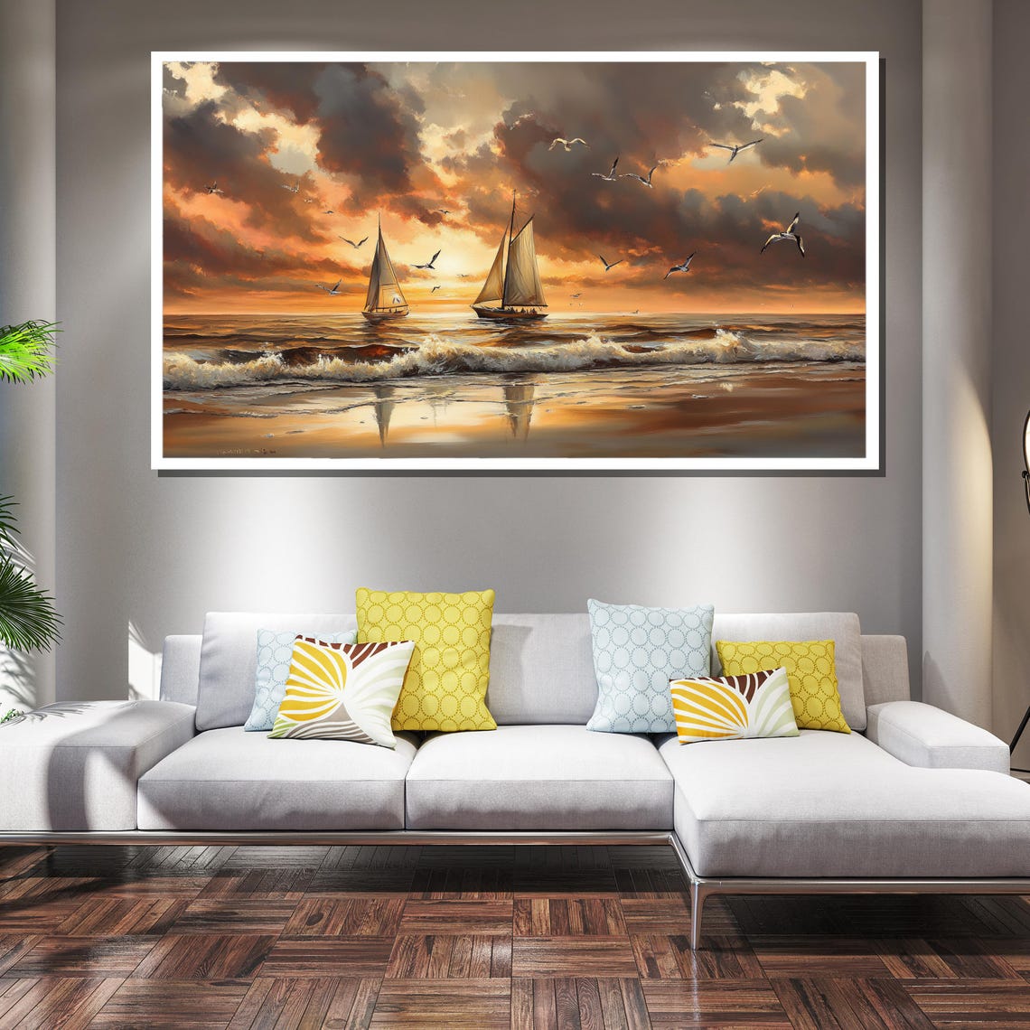 Sailboats At Sunset Over Golden Ocean Waves Seagulls Marine Poster - Image 2
