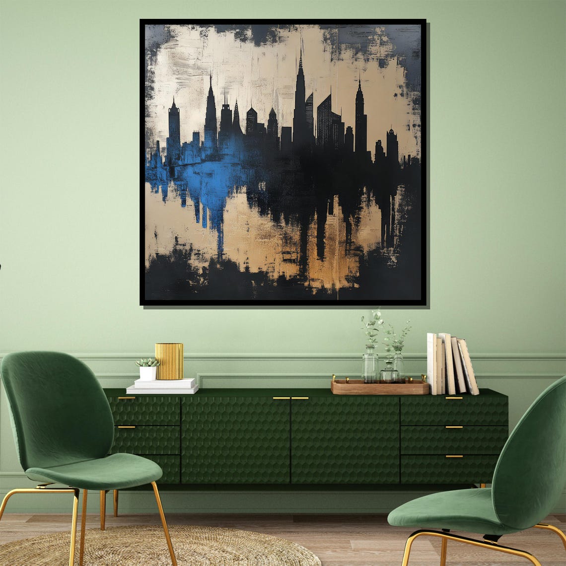 Modern Abstract Cityscape Silhouette Gold And Blue Art Poster - Image 4