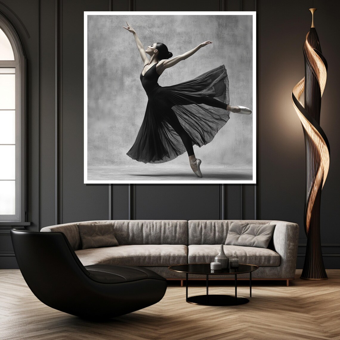 Black and White Ballerina in Flowing Dark Dress Leaping Poster - Image 2