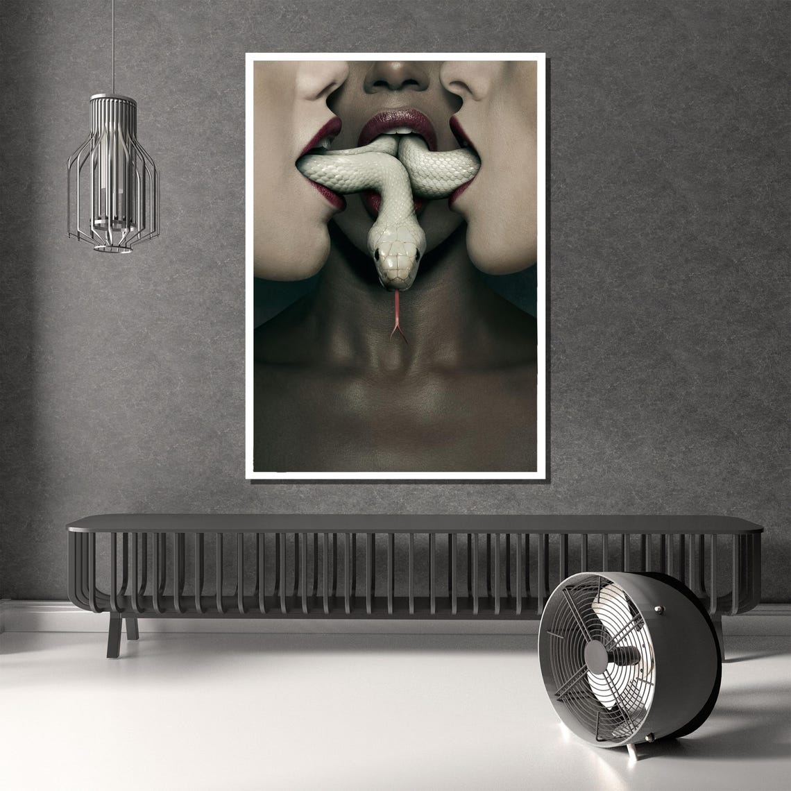 Surreal White Snake Emerging From Red Lips Dark Moody Poster - Image 3