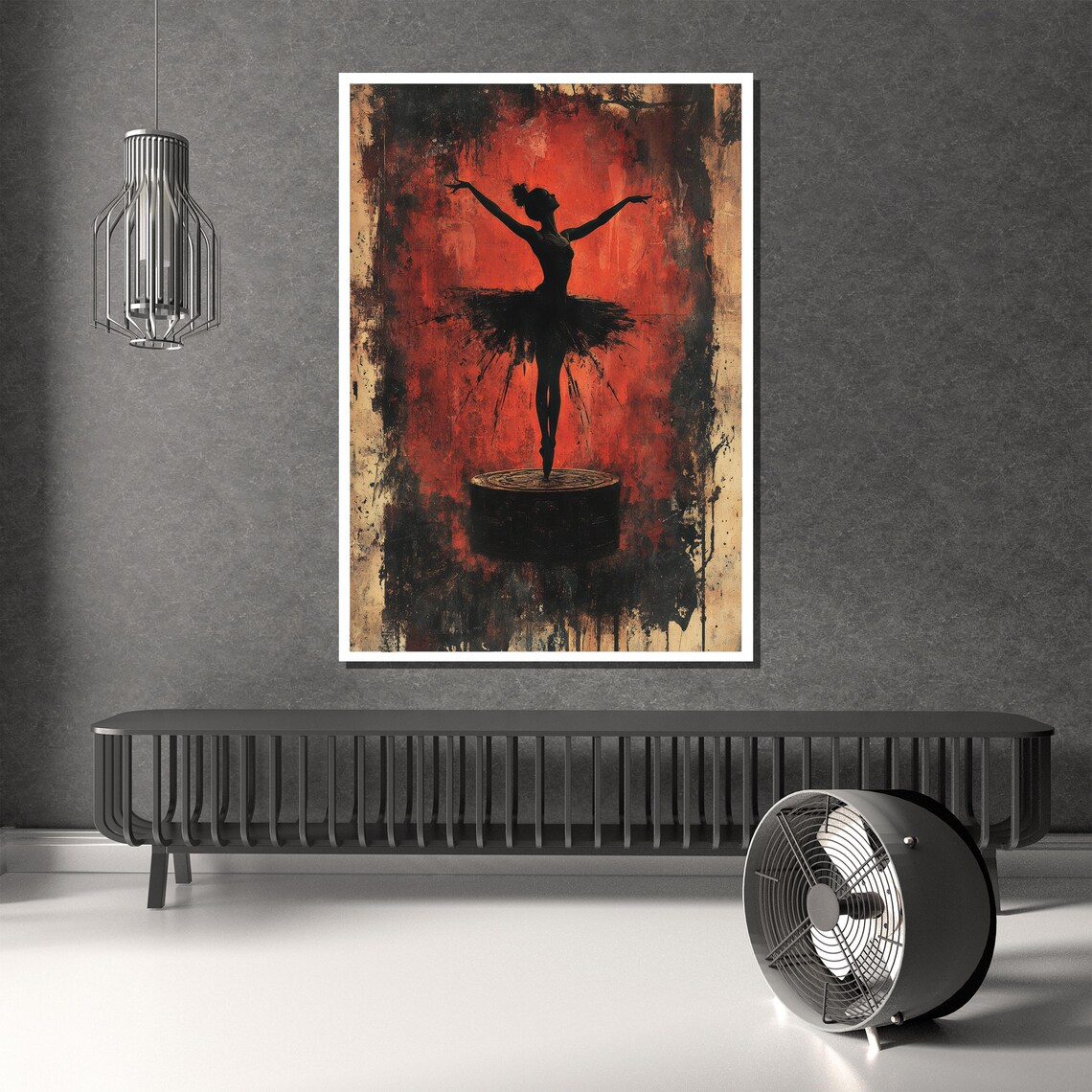 Fiery Ballerina Silhouette on a Vintage Music Box Red Art Poster - Image 2