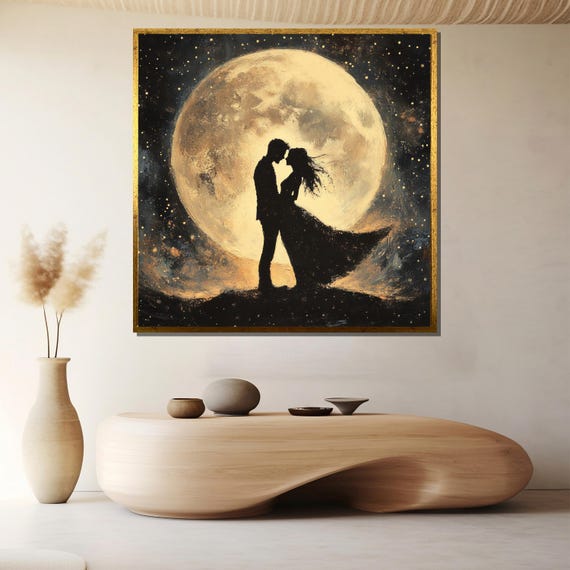 Moonlit Romance Wall Art Silhouette Couple Under Full Moon Large Painting For Bedroom Anniversary Gift Starry Night Decor