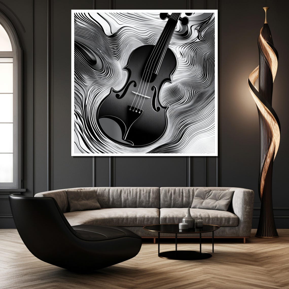 Abstract Black and White Violin Painting in Swirling Lines Poster - Image 2