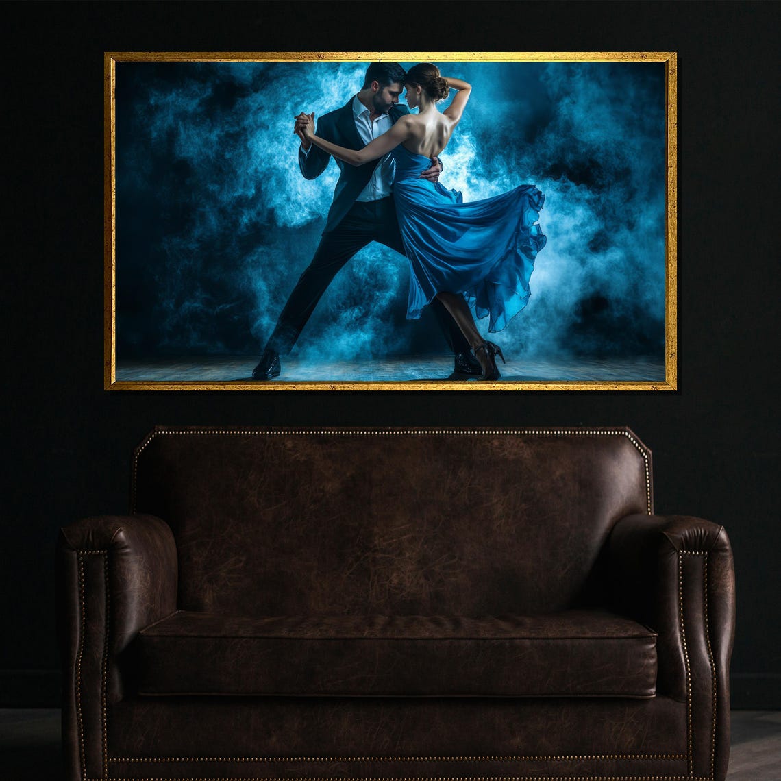 Passionate Tango Dance Couple Blue Dress Dramatic Elegant Wall Poster