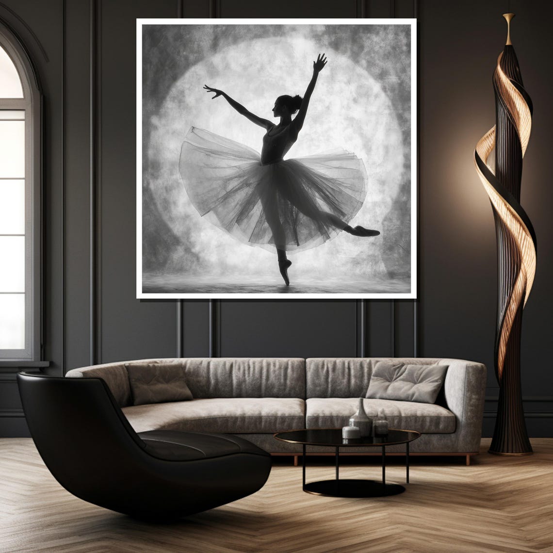 Monochrome Ballerina Dancing Before a Luminous Moon Circle Poster - Image 2