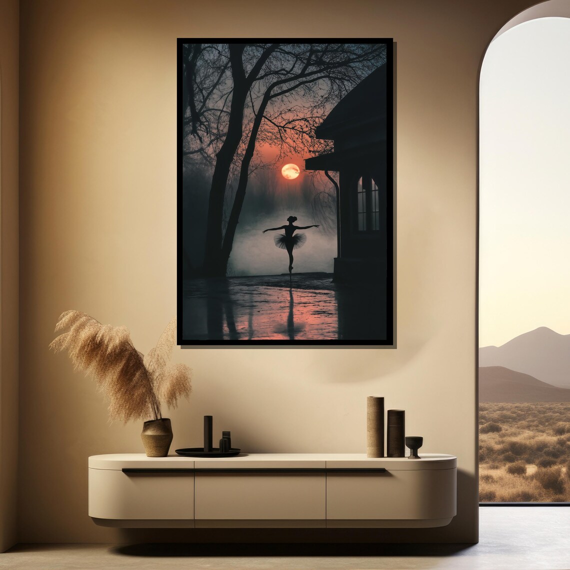 Ballerina Silhouette Dancing at Sunset Reflected on Water Poster - Image 4