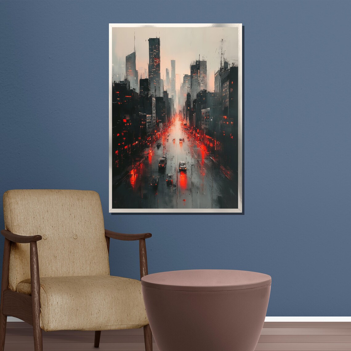 Urban Rainy Night City Street Red Lights Wet Road Art Poster - Image 3