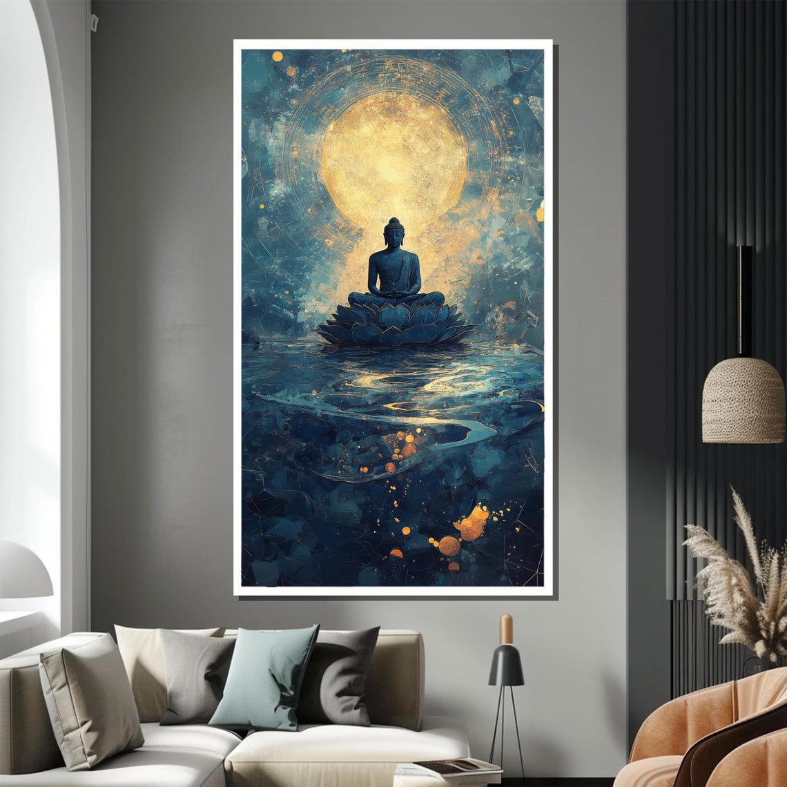 Buddha on Lotus Under a Golden Moon in a Cosmic Teal Sky Poster - Image 2