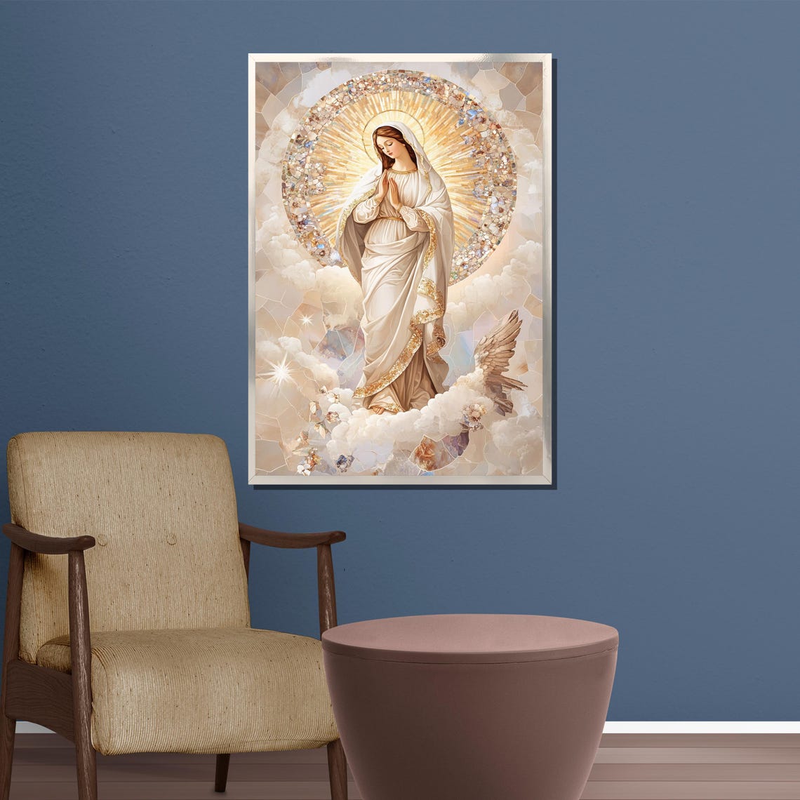 Virgin Mary Praying in Clouds Golden Halo Marian Devotion Poster - Image 5