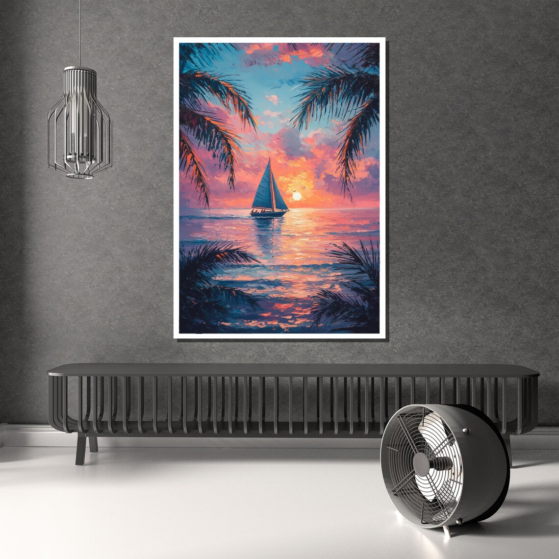 Tropical Sunset Sailboat Framed By Palm Fronds Ocean Art Poster - Image 2