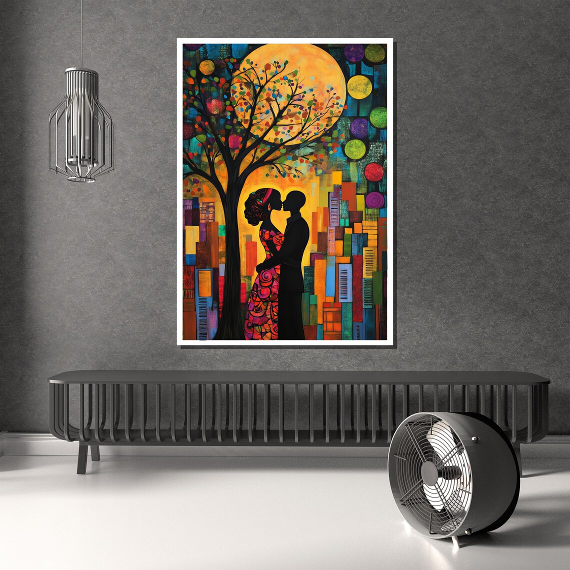 Vibrant Abstract Couple Silhouette Golden Moon Cityscape Poster - Image 4