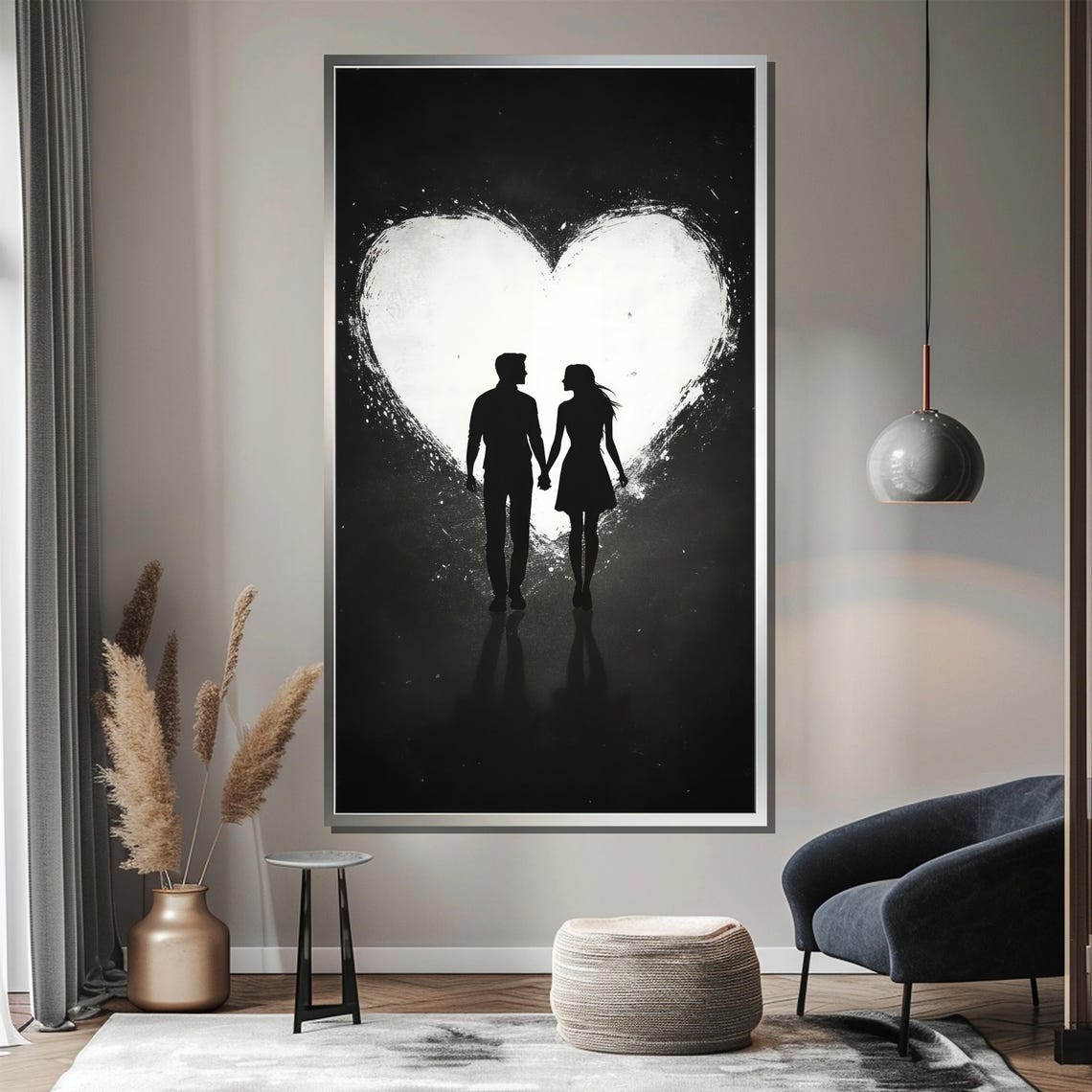 Minimalist Silhouette Couple Walking Before Giant Heart Poster - Image 4