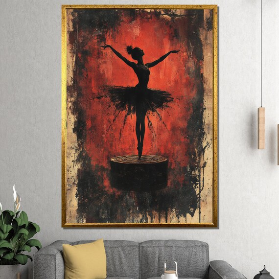 Fiery Ballerina Silhouette on a Vintage Music Box Red Art Poster