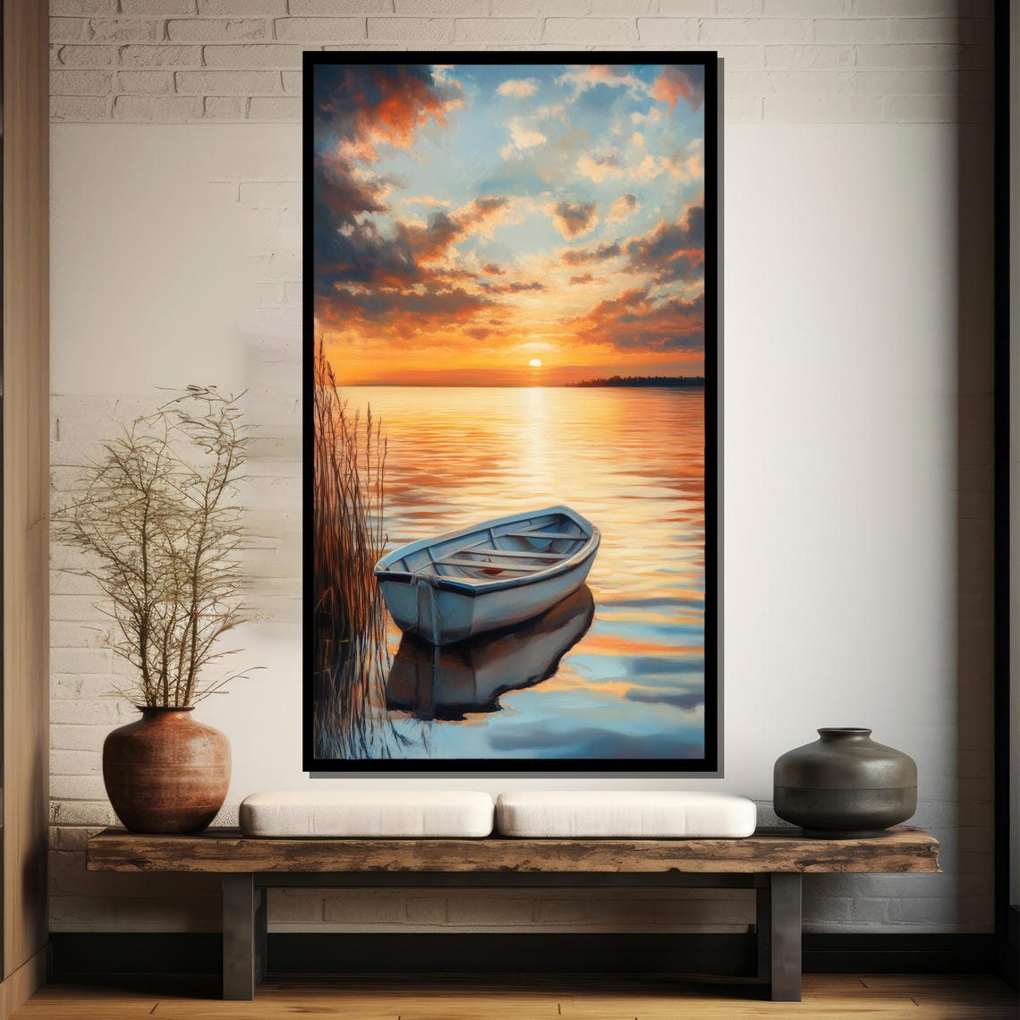 White Rowboat On Calm Lake At Sunset Peaceful Water Art Poster - Image 4