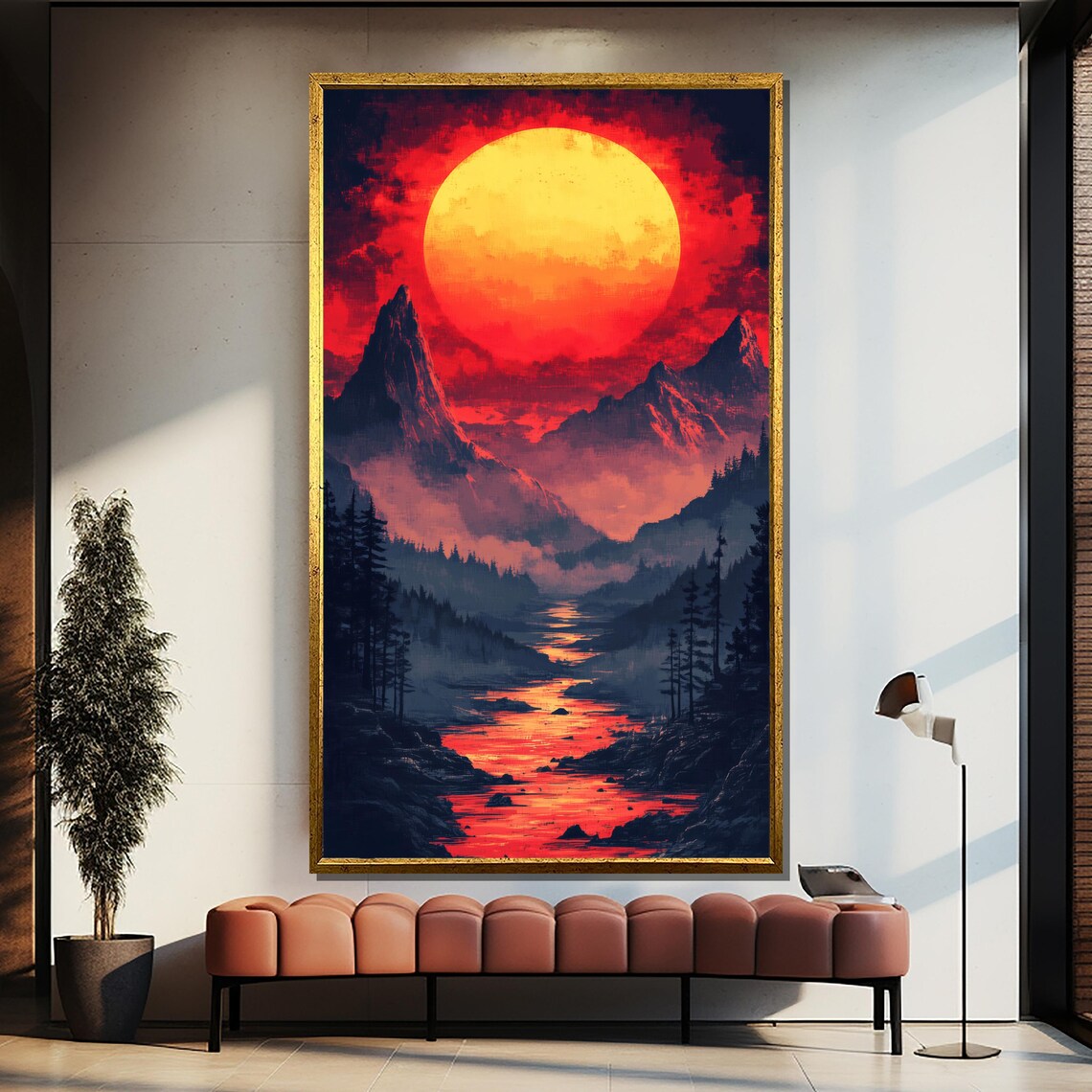 Red Sun Mountain Landscape, Dramatic Sunset Scene