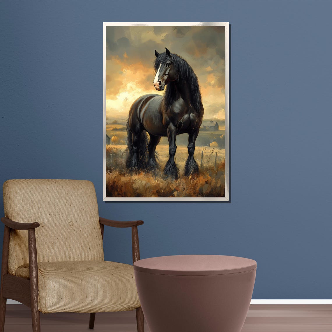 Black Stallion Standing Proud in a Golden Field at Sunset Poster - Image 3