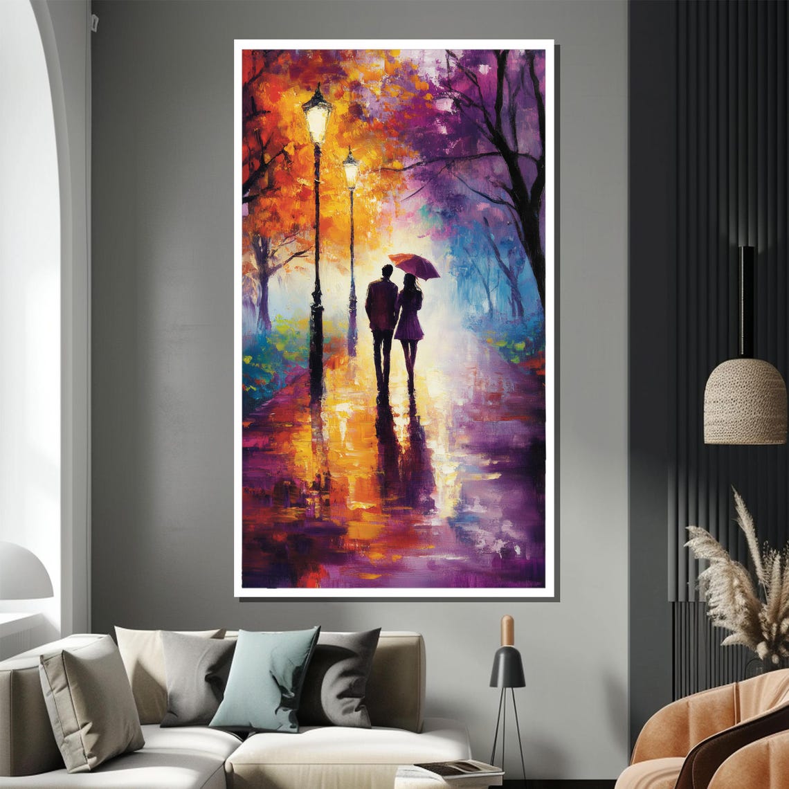 Romantic Rain Stroll Couple Sharing Umbrella Autumn Path Poster - Image 3