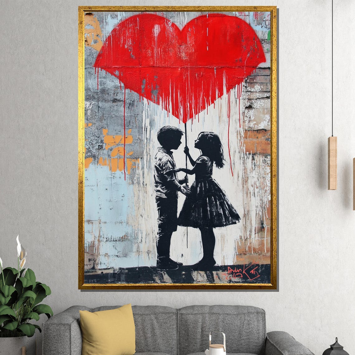 Romantic Couple Under a Giant Dripping Red Heart Street Art Poster