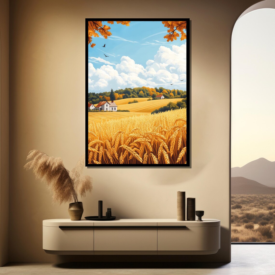 Golden Wheat Fields With Red Roof Farmhouses Country Art Poster - Image 4