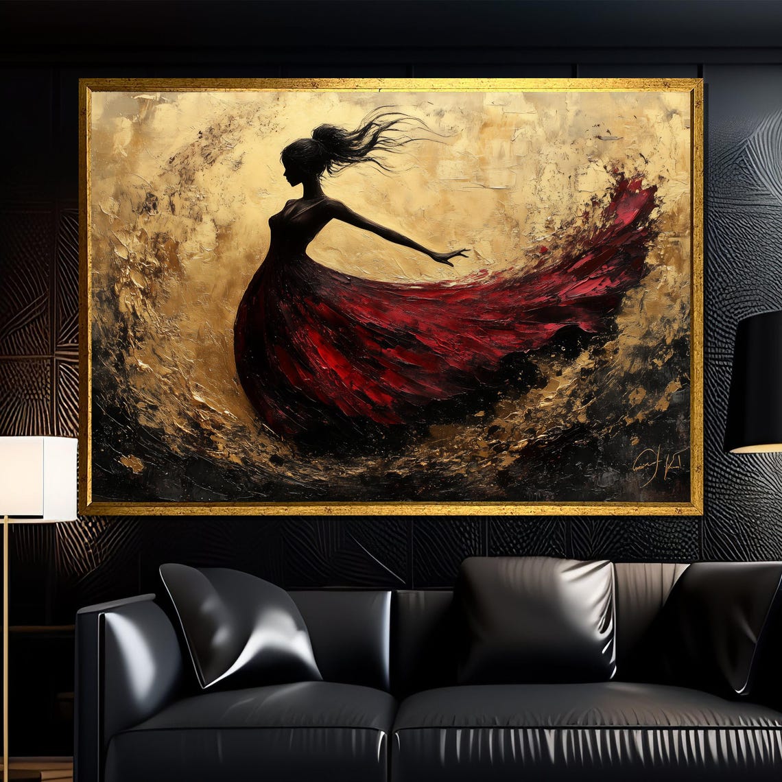 Golden Silhouette Dancer Painting Elegant Wall Art Gift For Dance Lovers And Luxurious Home Decor