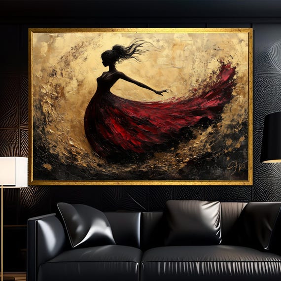 Golden Silhouette Dancer Painting Elegant Wall Art Gift For Dance Lovers And Luxurious Home Decor