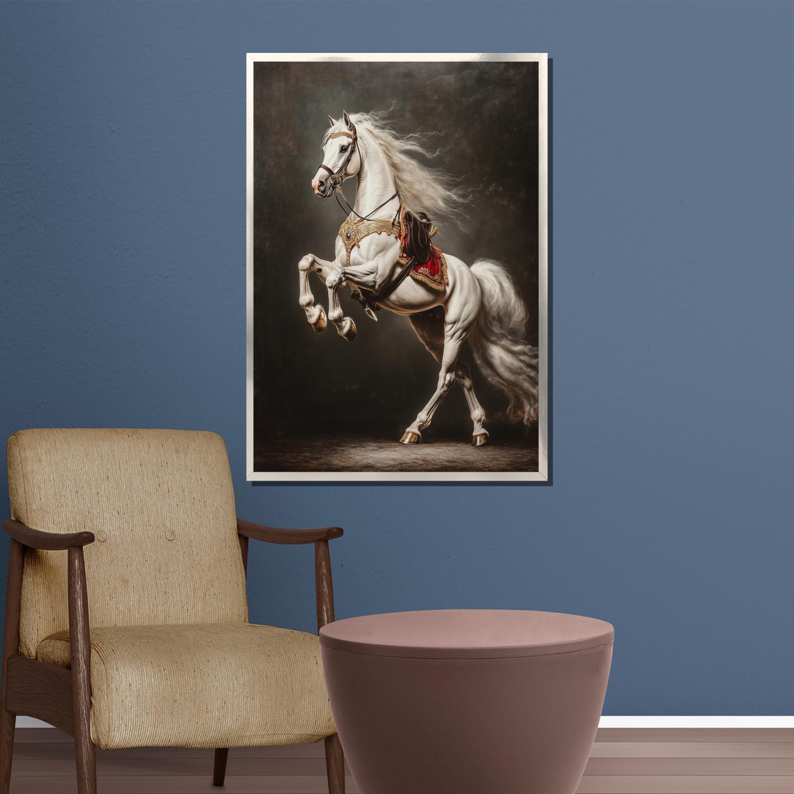 White Stallion Rearing in Ornate Gold Tack Baroque Horse Poster - Image 3