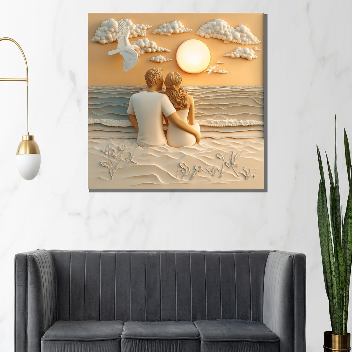 Beach Sunset Romantic Couple Sculpted Relief Waves Clouds Poster - Image 2