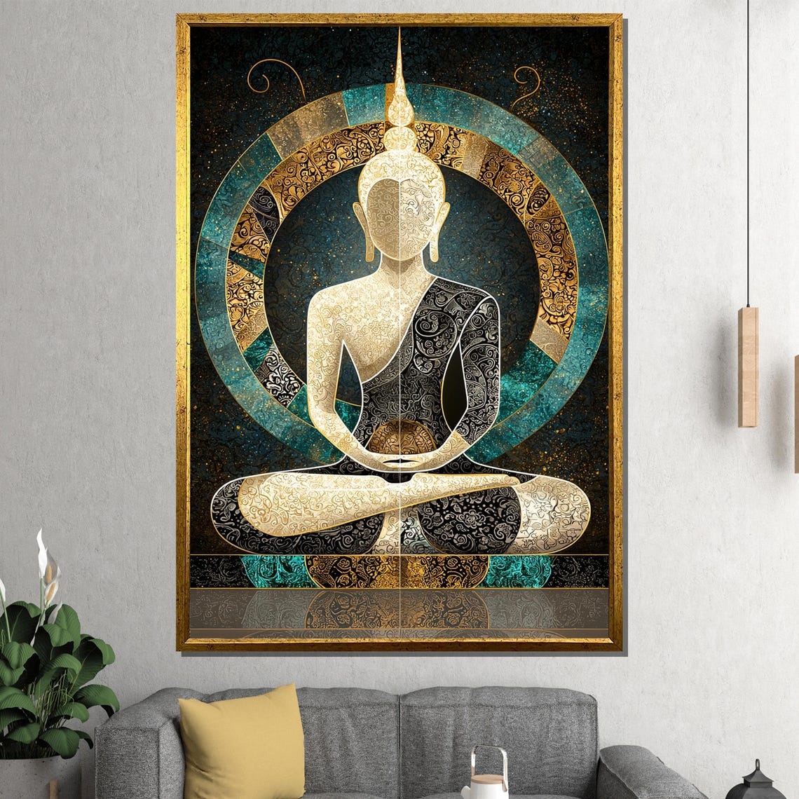 Gold and Teal Intricate Mandala Buddha Meditation Wall Poster
