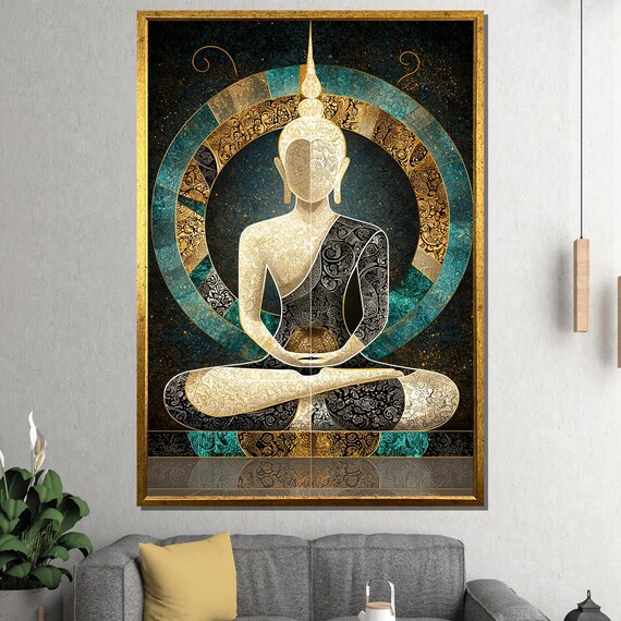 Gold and Teal Intricate Mandala Buddha Meditation Wall Poster
