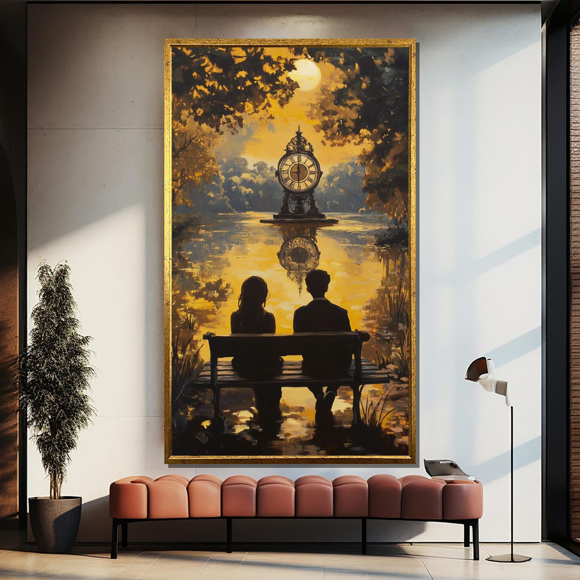 Romantic Couple On Bench Before Clock Moon Lake Dream Art Poster