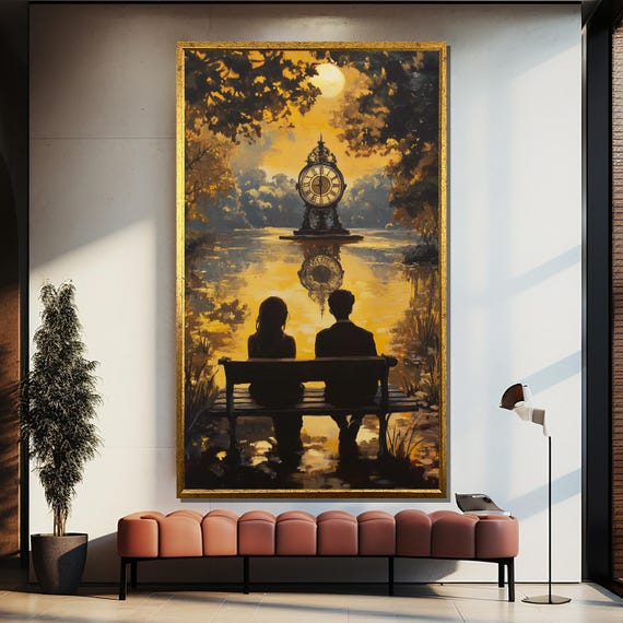 Romantic Silhouette Wall Art Clock Moon Lake Painting Large For Living Room Anniversary Gift Elegant Couple Decor