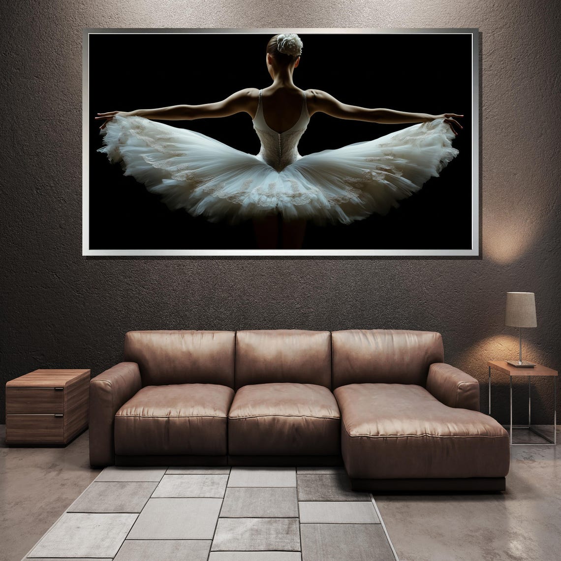 Ballerina in White Tutu Seen From Behind on Dramatic Black Art Poster - Image 3