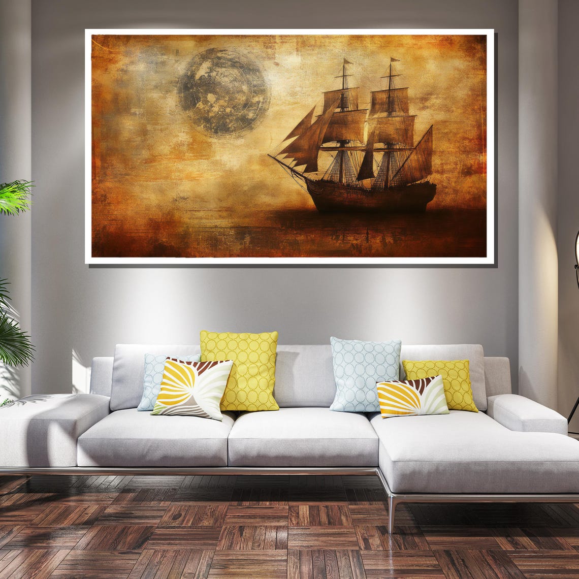 Vintage Tall Sailing Ship Under Full Moon Sepia Antique Art Poster - Image 2