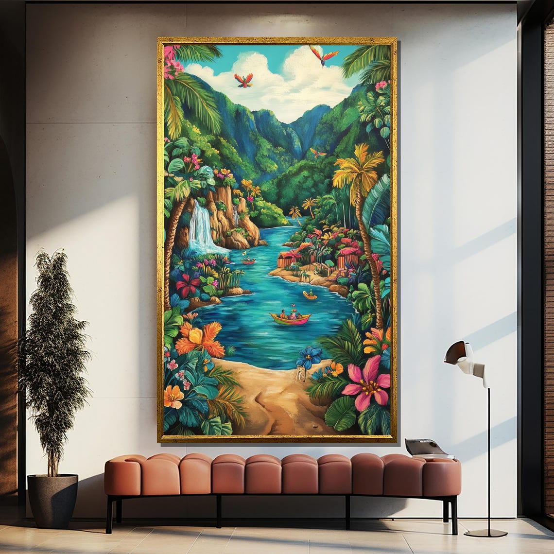 Tropical Paradise River Waterfall Jungle Vibrant Painting Poster
