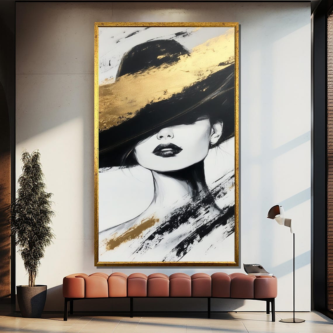 Abstract Woman Portrait In Black White And Gold With Hat Poster