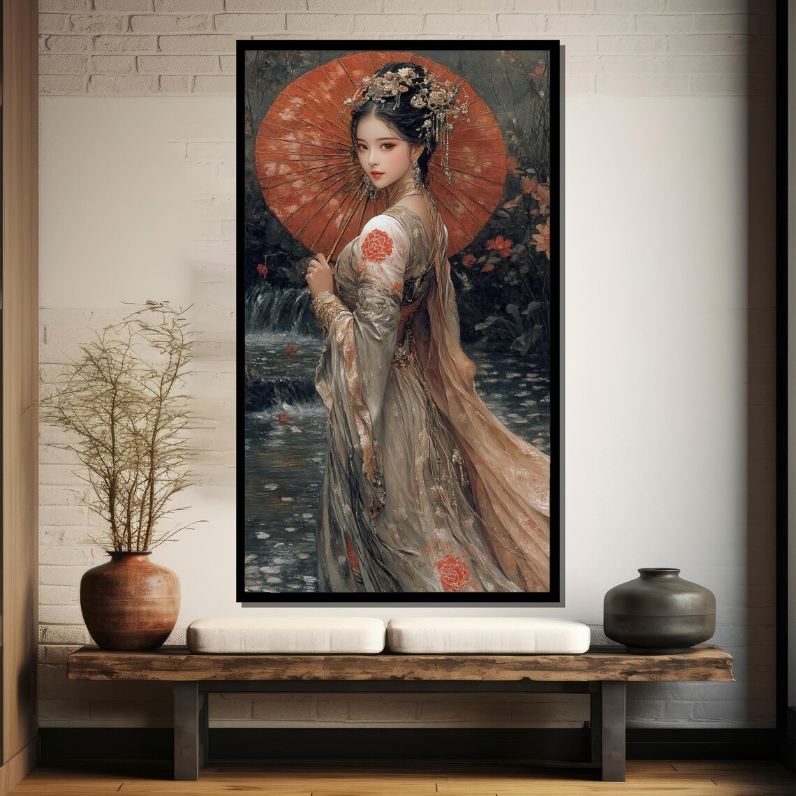 Elegant Asian Beauty With Red Parasol In Moonlit Garden Art Poster - Image 4