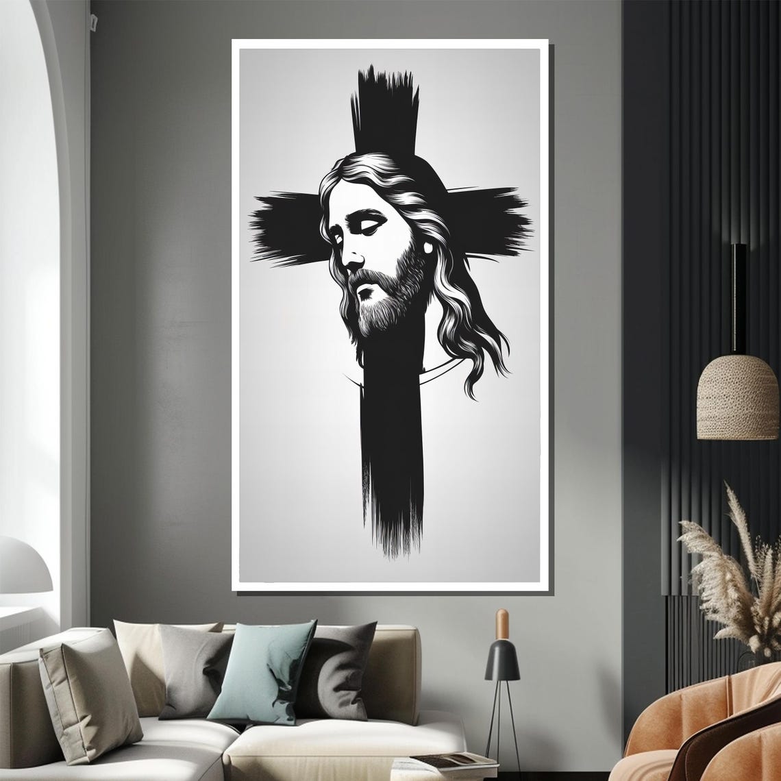 Minimalist Jesus Face Black and White Cross Modern Art Poster - Image 4