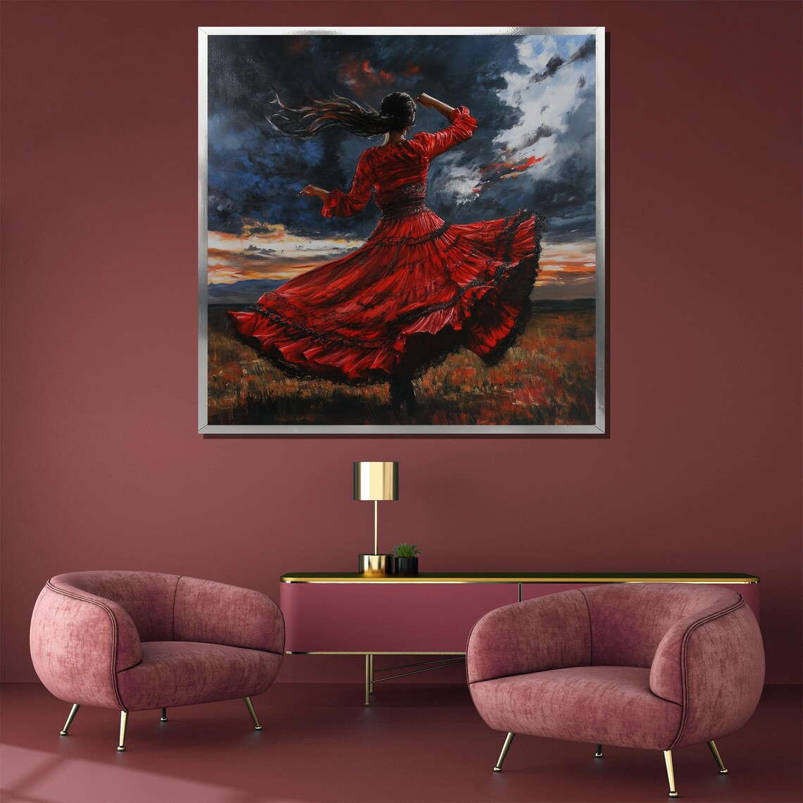 Woman Red Dress Stormy Sunset Field Twirl Painting Wall Poster - Image 3