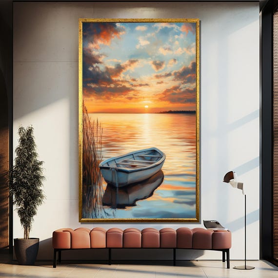 Serene Sunset With Rowboat On Calm Lake Painting Elegant Wall Art Gift For Peaceful White Room And Home Decor