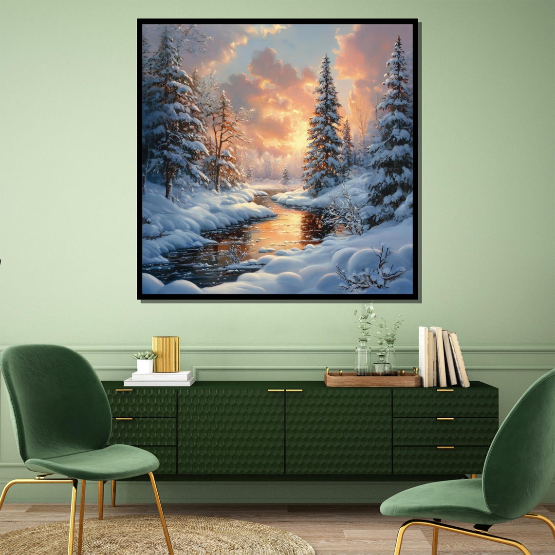 Snowy Winter Forest Stream Rosy Sunset Wonderland Art Poster - Image 4