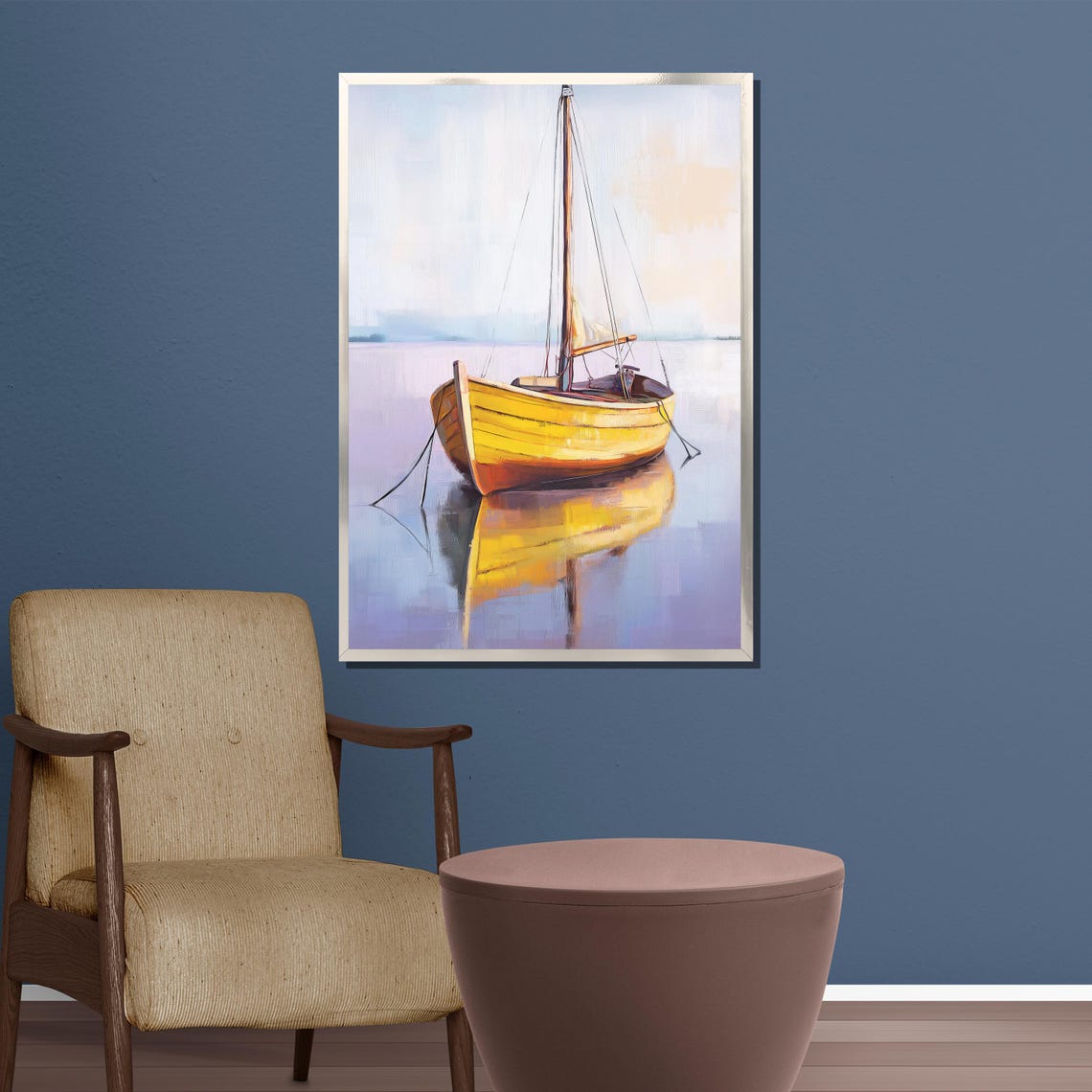 Bright Yellow Wooden Boat Calm Water Mirror Reflection Poster - Image 3