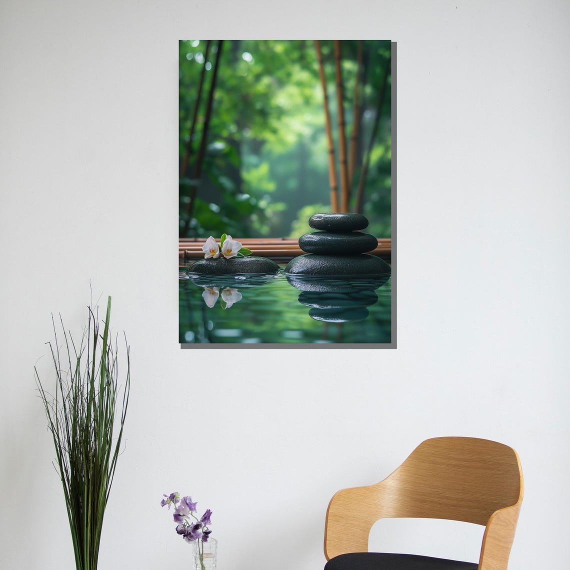 Tranquil Zen Garden Stones and Bamboo Water Reflection Poster - Image 2