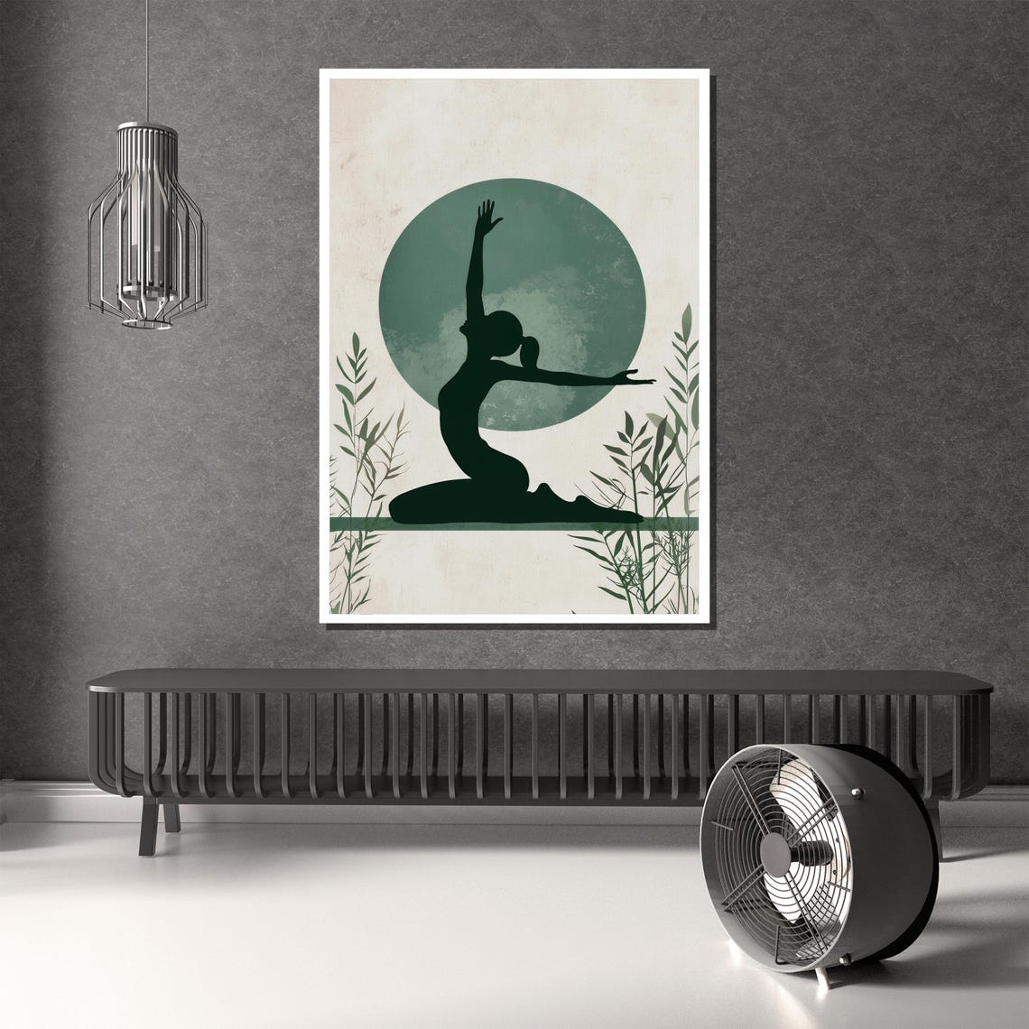 Yoga Silhouette Sage Green Moon Bamboo Minimalist Wall Poster - Image 2