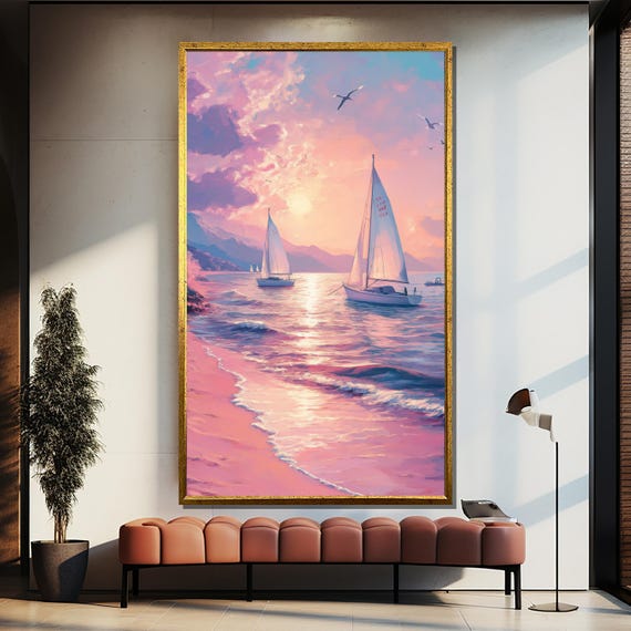 Pink Sunset Sailing Painting Romantic Coastal Scene With Sailboats Wall Art Nautical Gift For Ocean And Nature Lovers