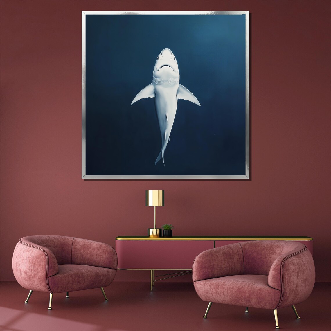 Great White Shark Rising Through Deep Dark Blue Ocean Water Poster - Image 3