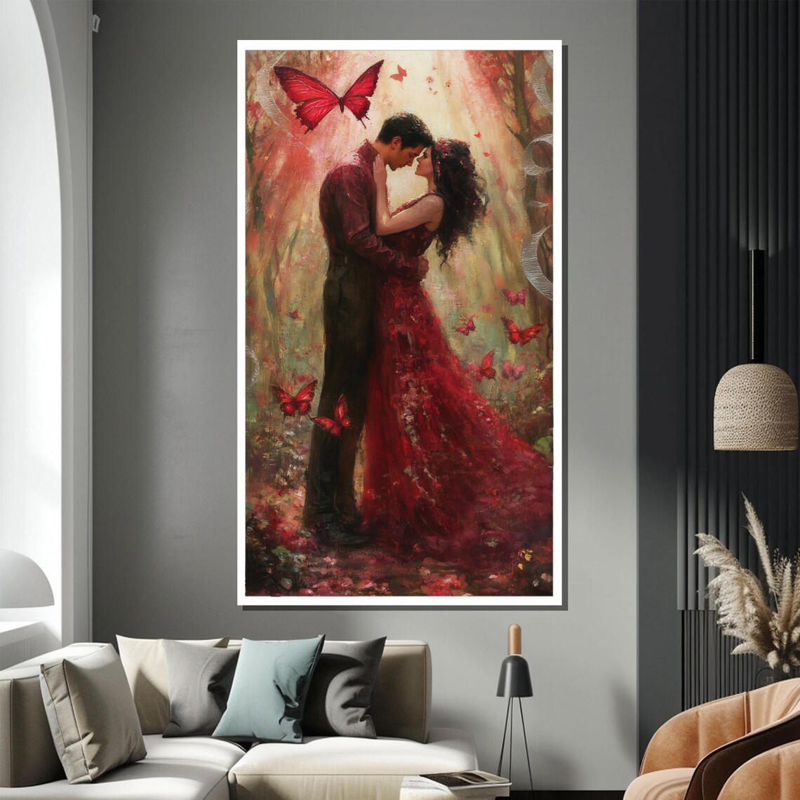 Romantic Kiss Couple in Red Dress Surrounded by Butterflies Poster - Image 3