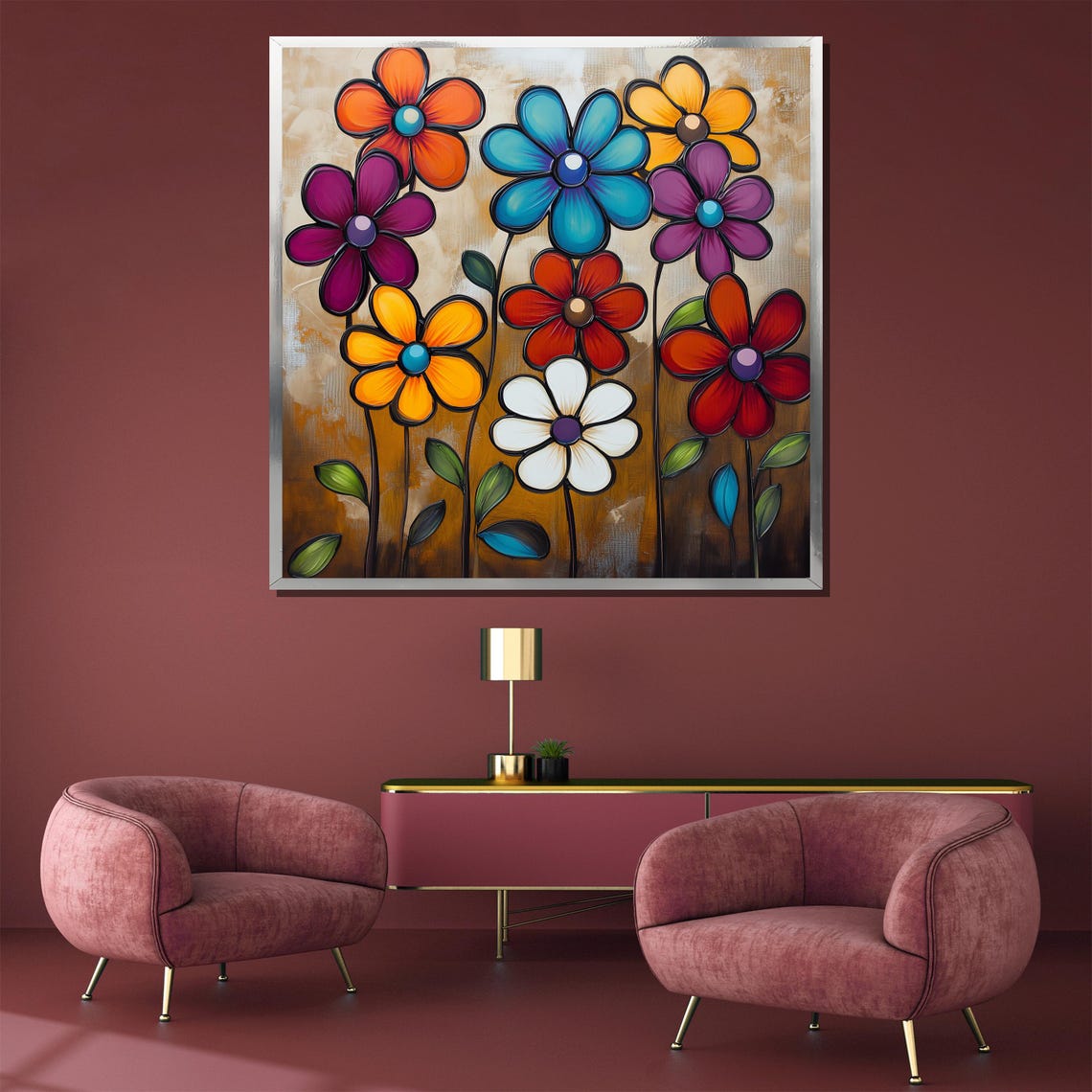 Bold Colorful Stylized Daisy Flowers On Golden Brown Art Poster - Image 3